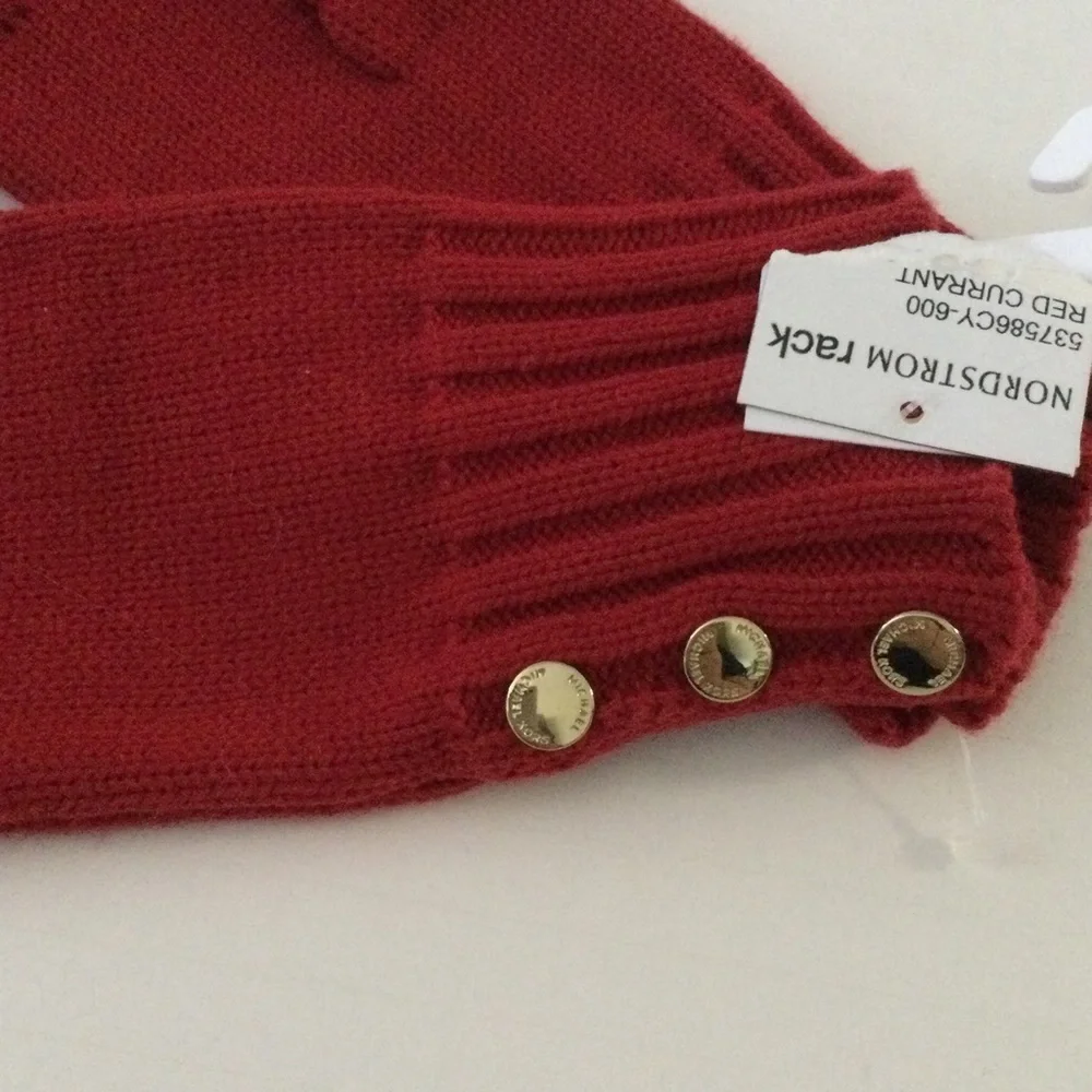 MICHAEL MICHAEL KORS WOMENS KNIT GLOVES WITH GOLD BUTTON DETAIL RED OS NWT